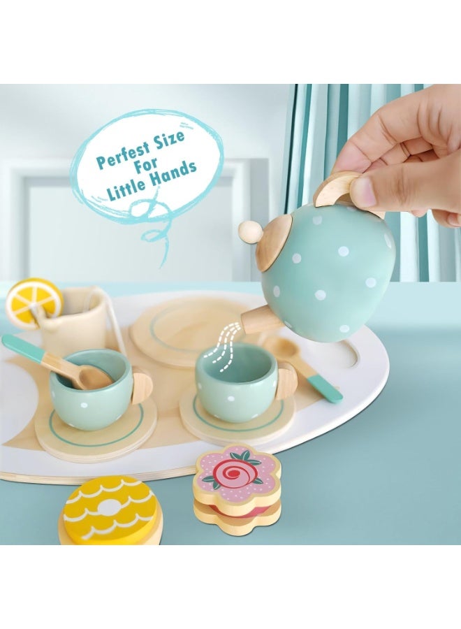 كابسترو طقم شاي خشبي للأطفال - مجموعة ألعاب حفلة شاي تخيلية مع إبريق شاي وأكواب وصينية | لعبة اجتماعية تعليمية خالية من الشاشات ومناسبة للعب الأدوار في مرحلة ما قبل المدرسة للأطفال من سن 3 سنوات فما فوق - طقم شاي باللون الأزرق الفاتح - Image 2